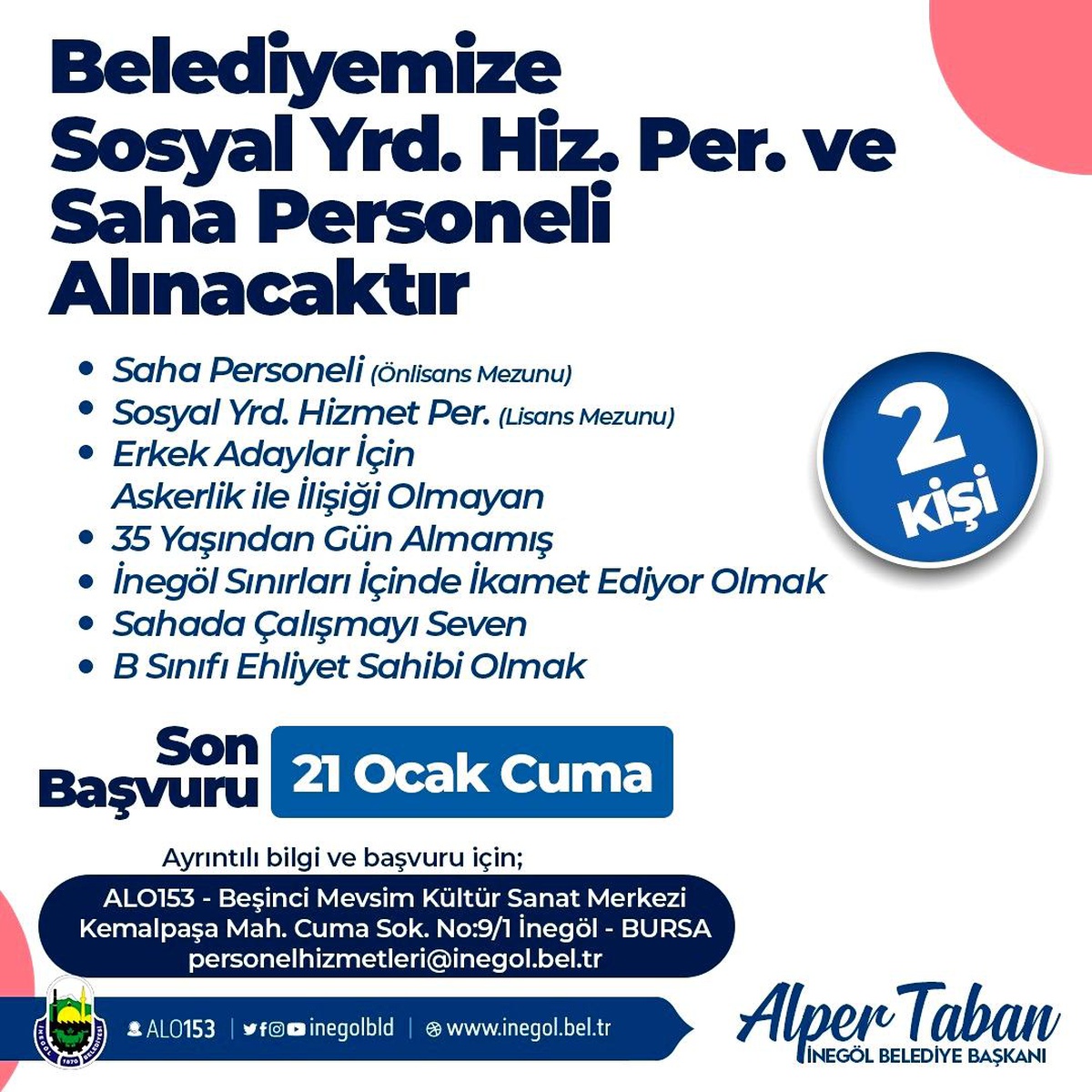İnegöl Belediyesi sosyal hizmetler personeli alımı yapacak