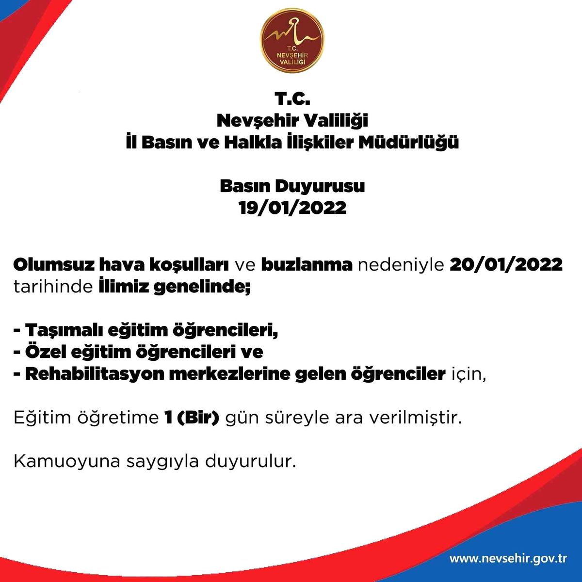 Nevşehir\'de taşımalı eğitime 1 gün ara verildi