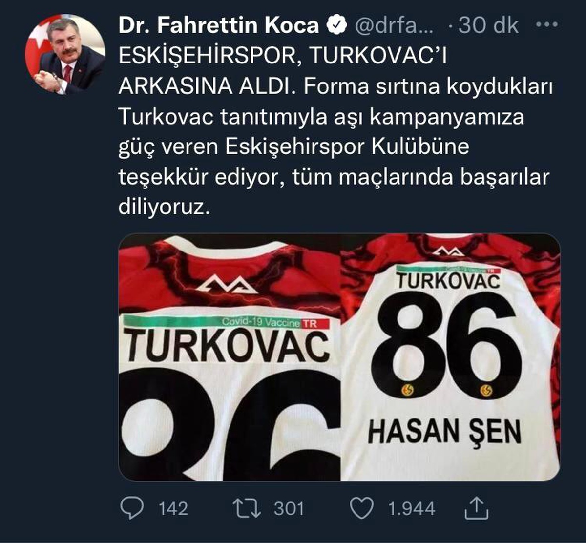 Sağlık Bakanı Koca\'dan Eskişehirspor\'a teşekkür