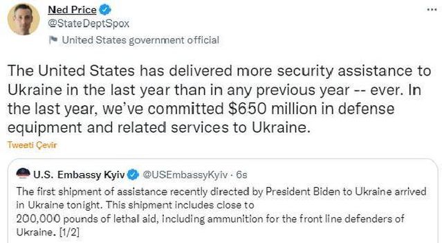 ABD Kiev Büyükelçiliği: Yardımın ilk sevkiyatı Ukrayna'ya ulaştı