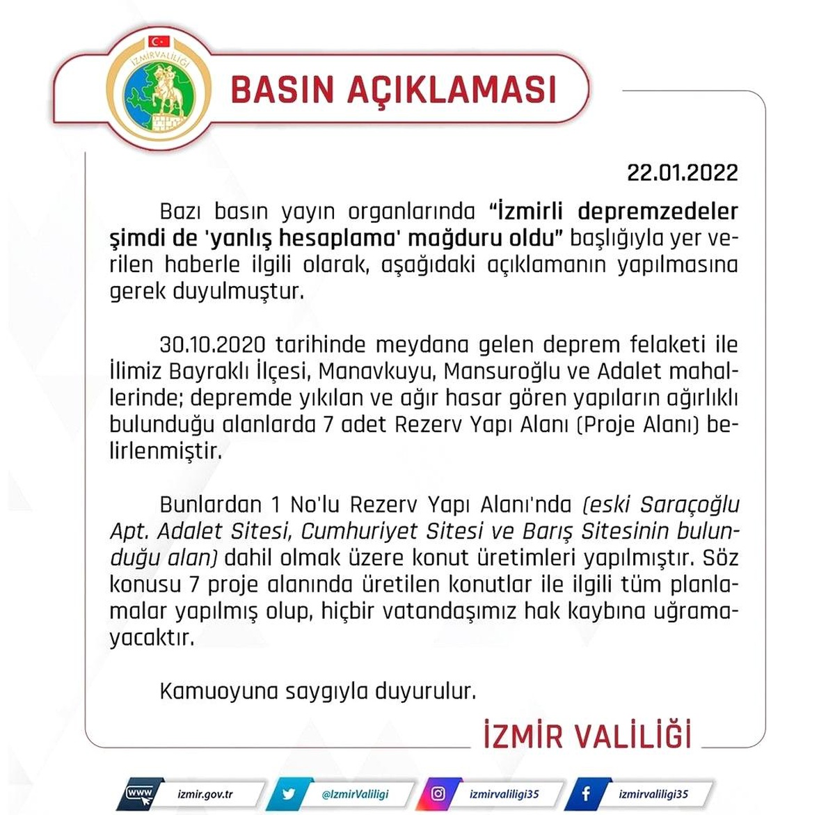 İzmir Valiliğinden depremzedeler \'yanlış hesaplama mağduru oldu\' haberlerine ilişkin açıklama