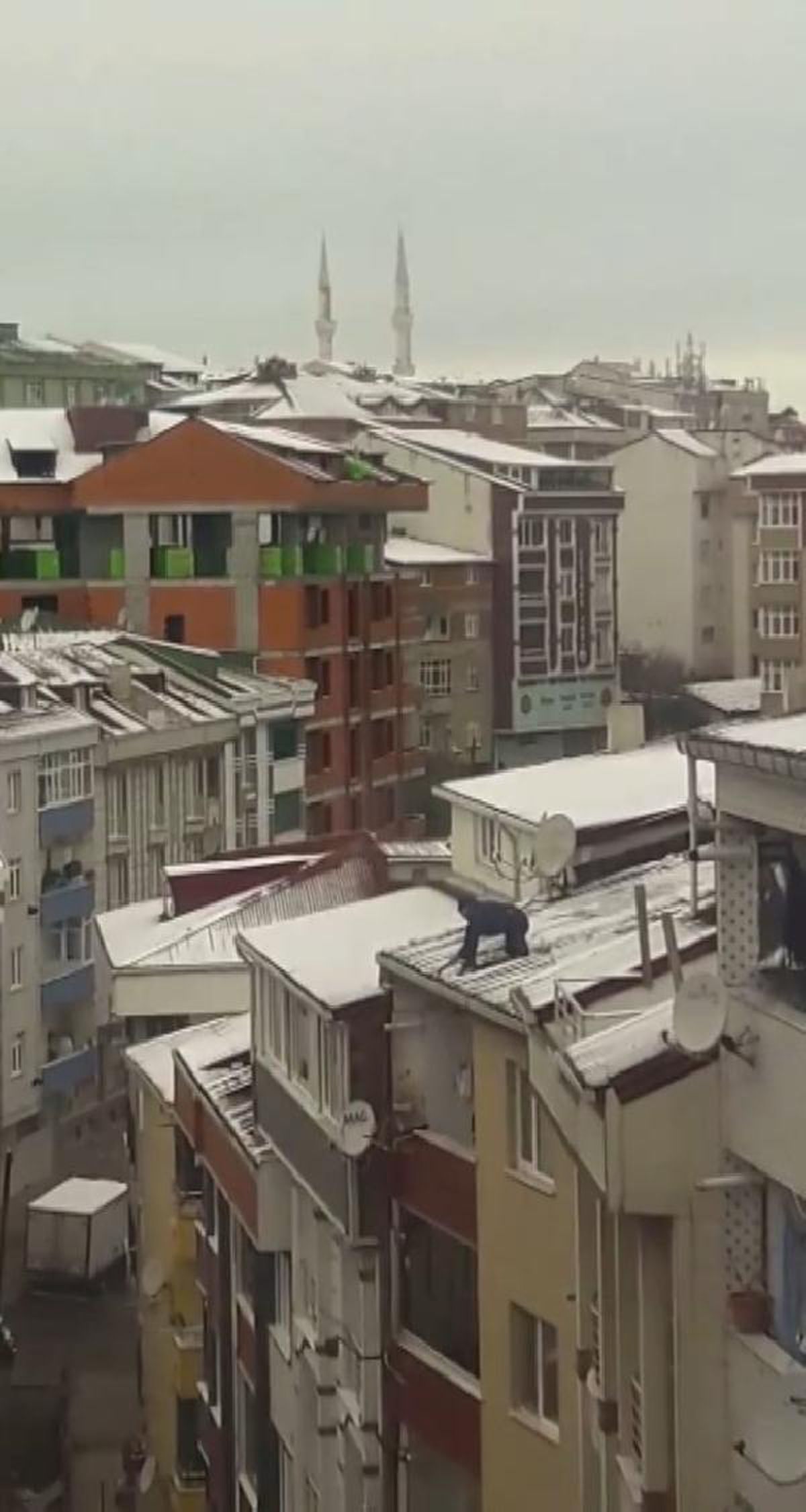 Karla kaplı çatıda tehlikeli anlar