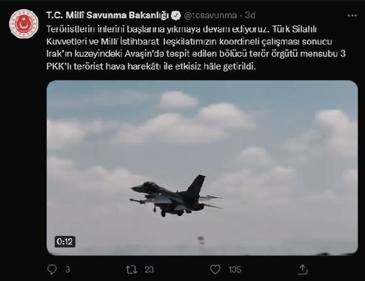 MSB: "Türk Silahlı Kuvvetleri ve Milli İstihbarat Teşkilatımızın koordineli çalışması sonucu Irak\'ın kuzeyindeki Avaşin\'de tespit edilen bölücü terör...