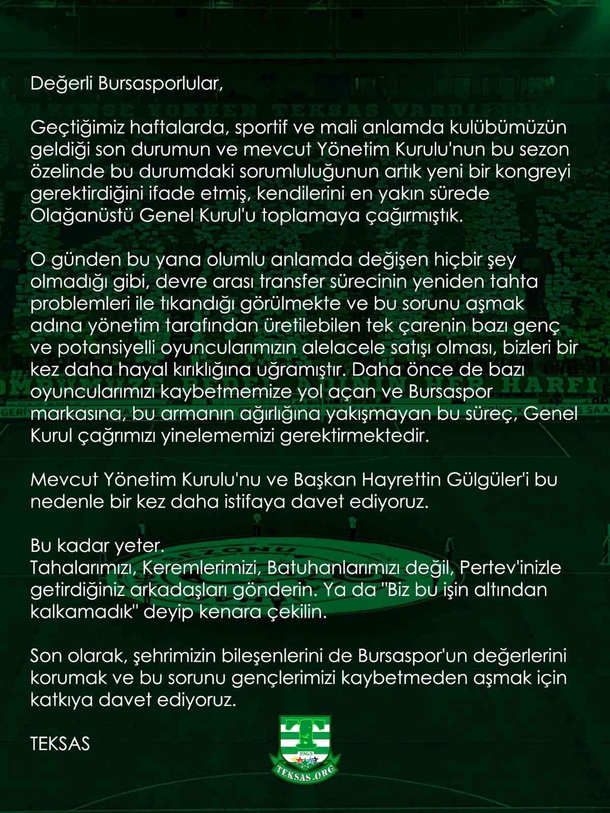 Bursaspor taraftarı yönetimi yeniden istifaya davet etti