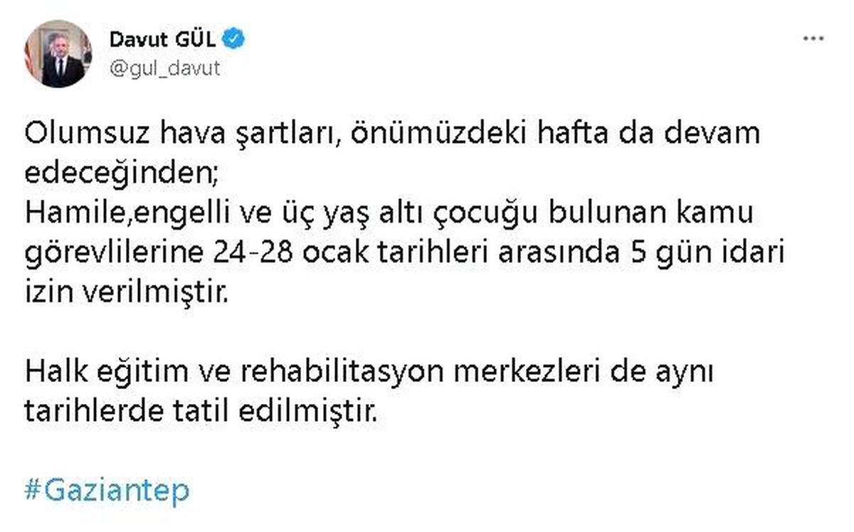 Gaziantep\'te kamu görevlilerine idari izin