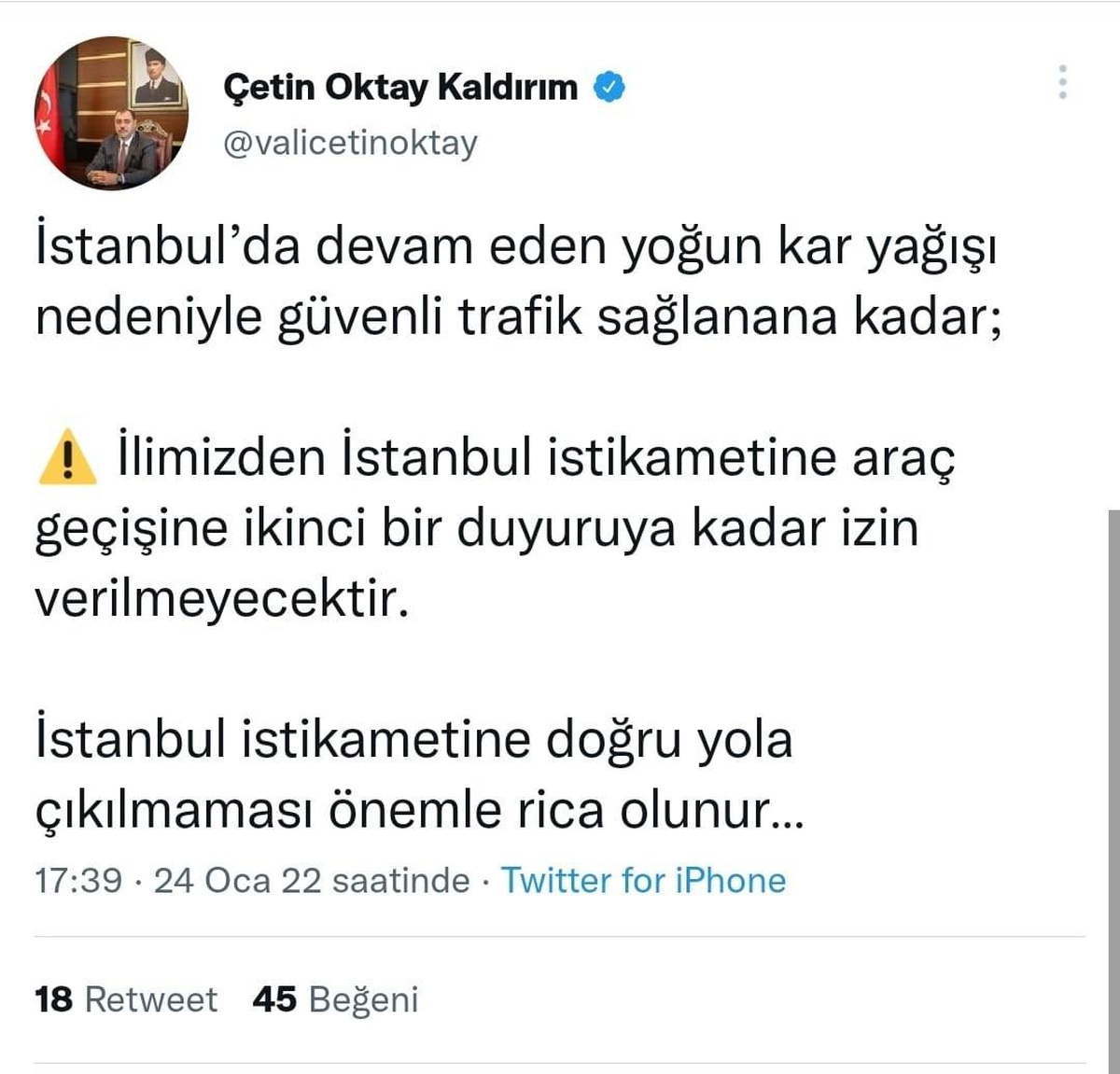 Vali Kaldırım uyardı: "İstanbul istikameti araç geçişine izin verilmeyecek"