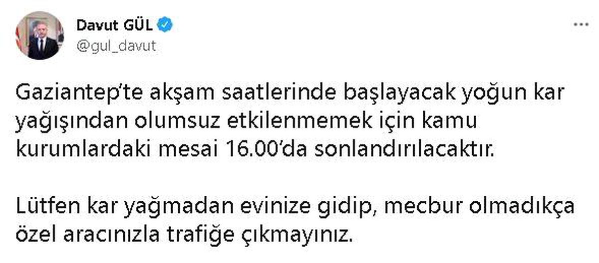 Gaziantep\'te kamu mesaisi 16.00\'da bitecek