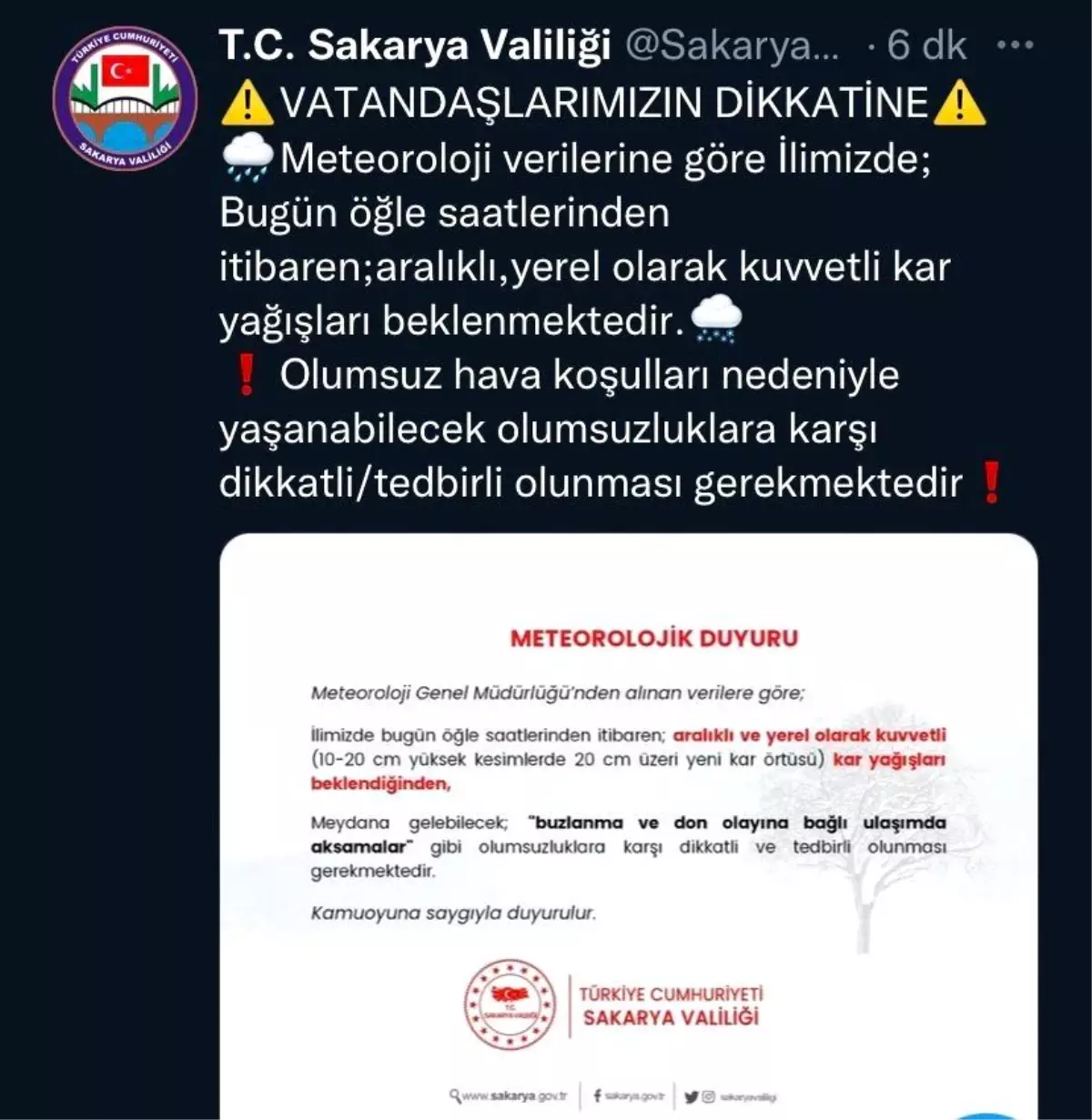 Sakarya Valiliğinden kar yağışı uyarısı