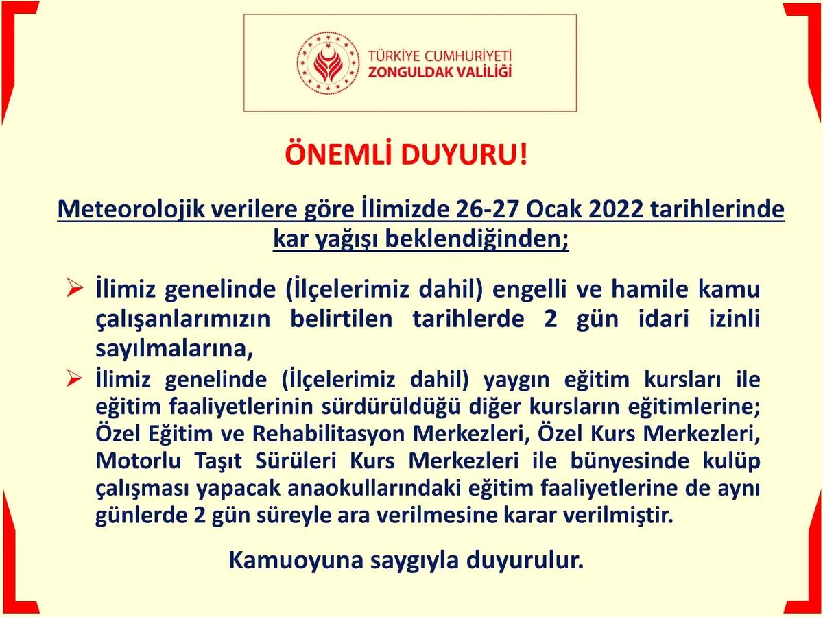 Zonguldak\'ta hamile ve engelli kamu çalışanlarına idari izin
