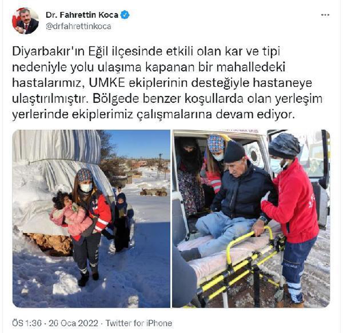 Bakan Koca: Yolu ulaşıma kapanan hastalarımız, hastaneye ulaştırıldı