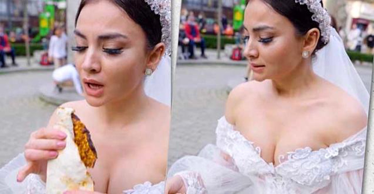 Gelinlikle lahmacun yedi! Gerekçesi şaşırttı