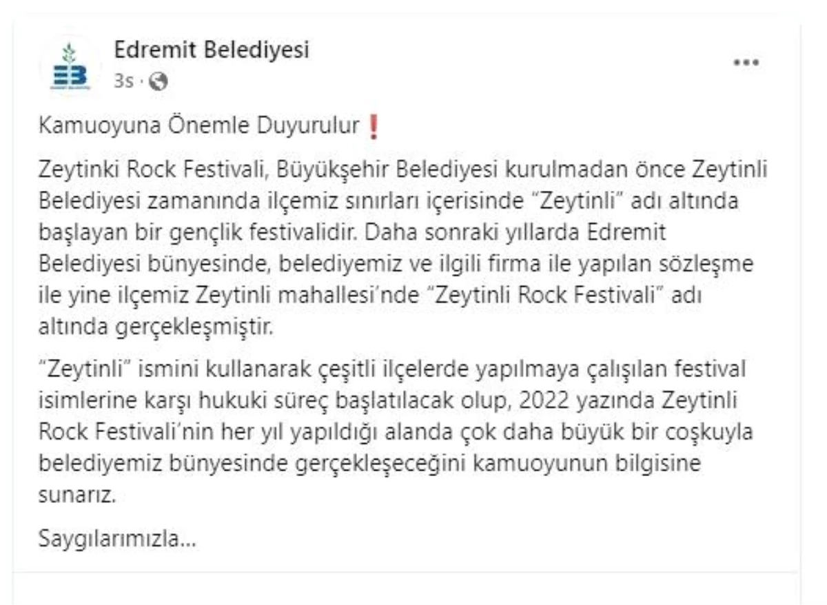 Edremit Belediyesi\'nde Zeytinli Rock Festivali açıklaması