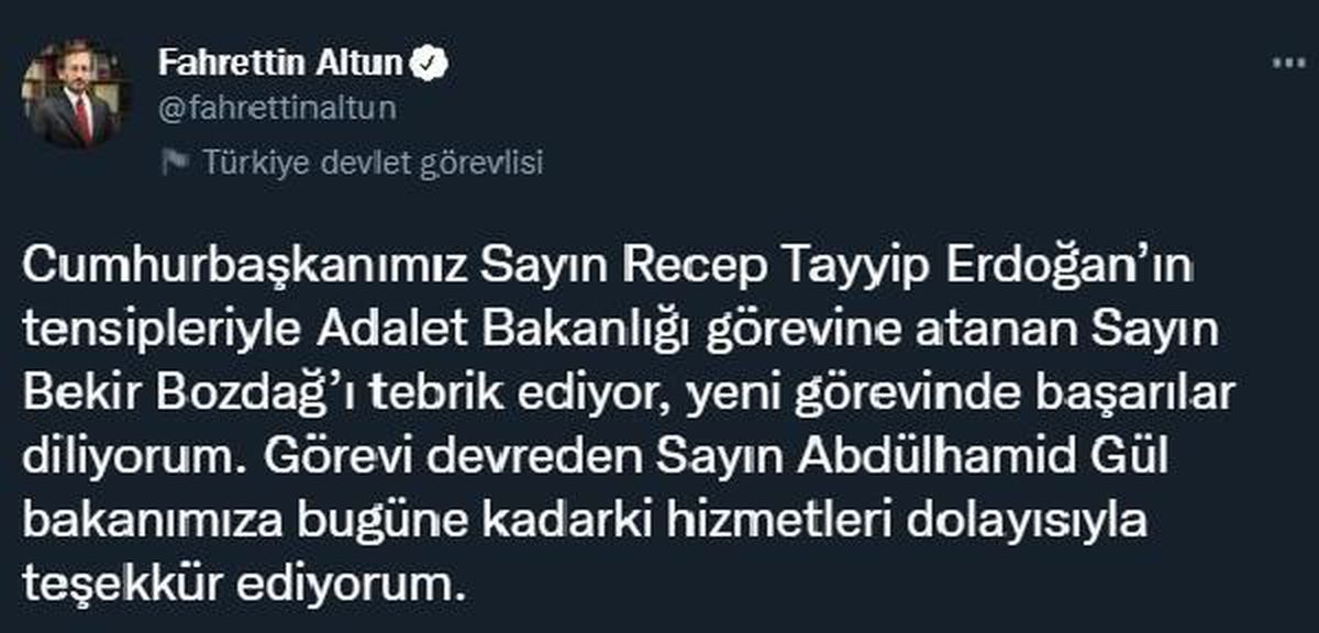 İletişim Başkanı Altun\'dan Bozdağ için tebrik, Gül için teşekkür paylaşımı