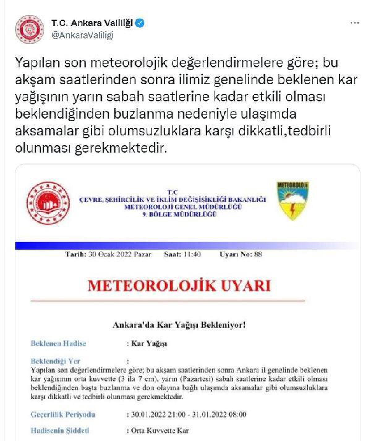 Ankara Valiliği\'nden \'buzlanma\' uyarısı