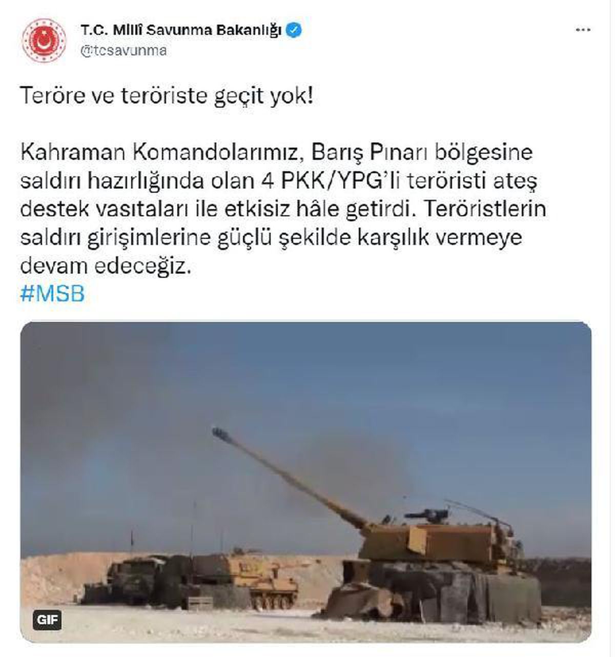 Barış Pınarı bölgesinde 4 terörist etkisiz hale getirildi