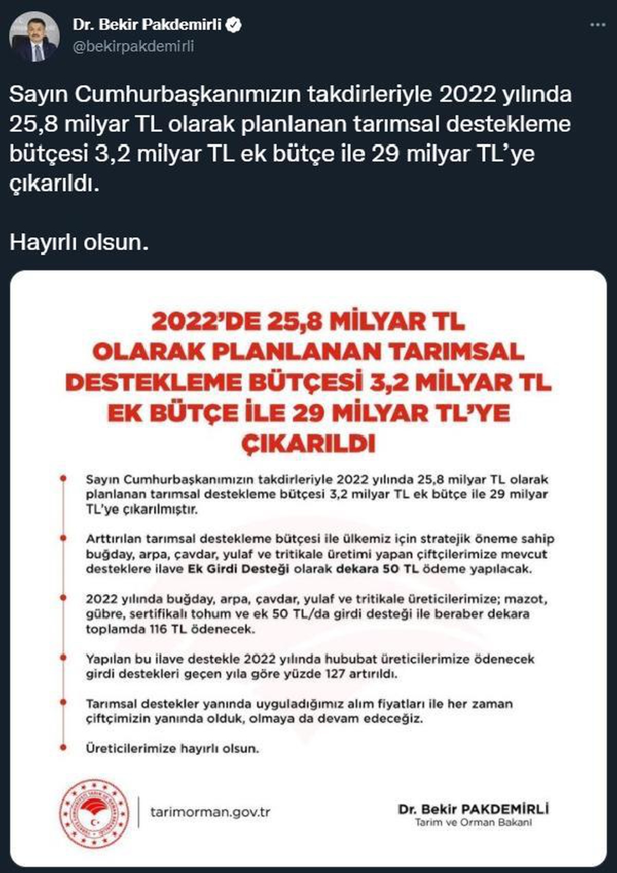 Bakan Pakdemirli: Tarımsal destekleme bütçesi 29 milyar TL\'ye çıkarıldı