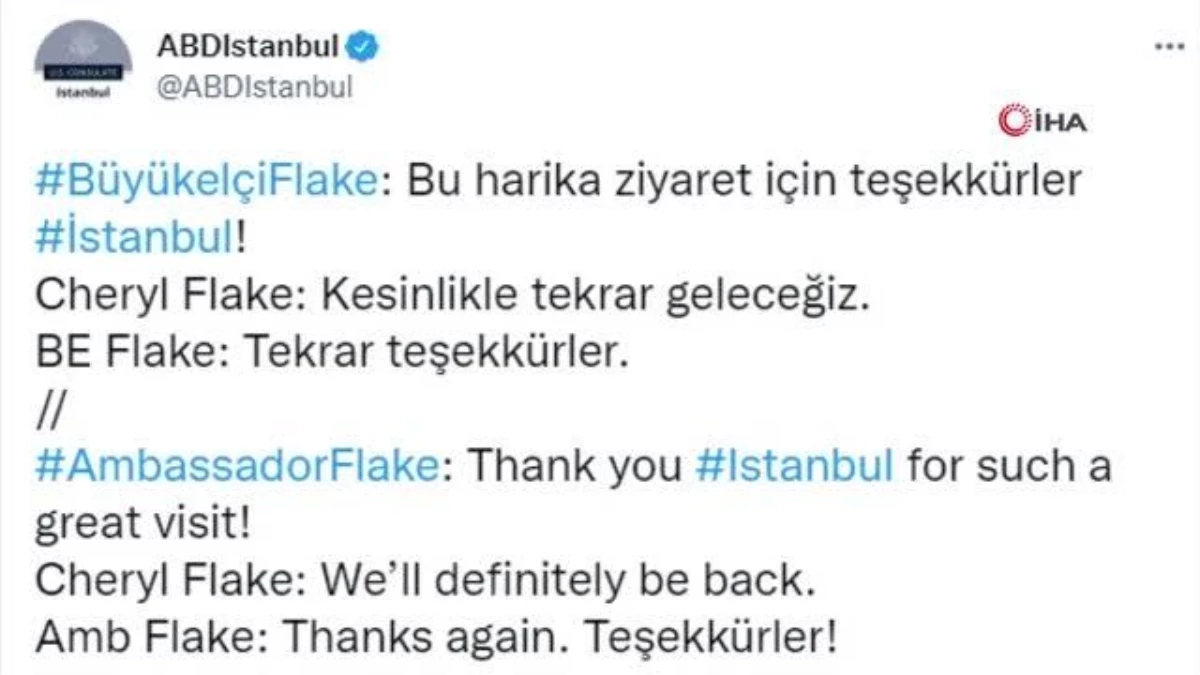 Büyükelçi Flake\'den İstanbul\'a teşekkür paylaşımı