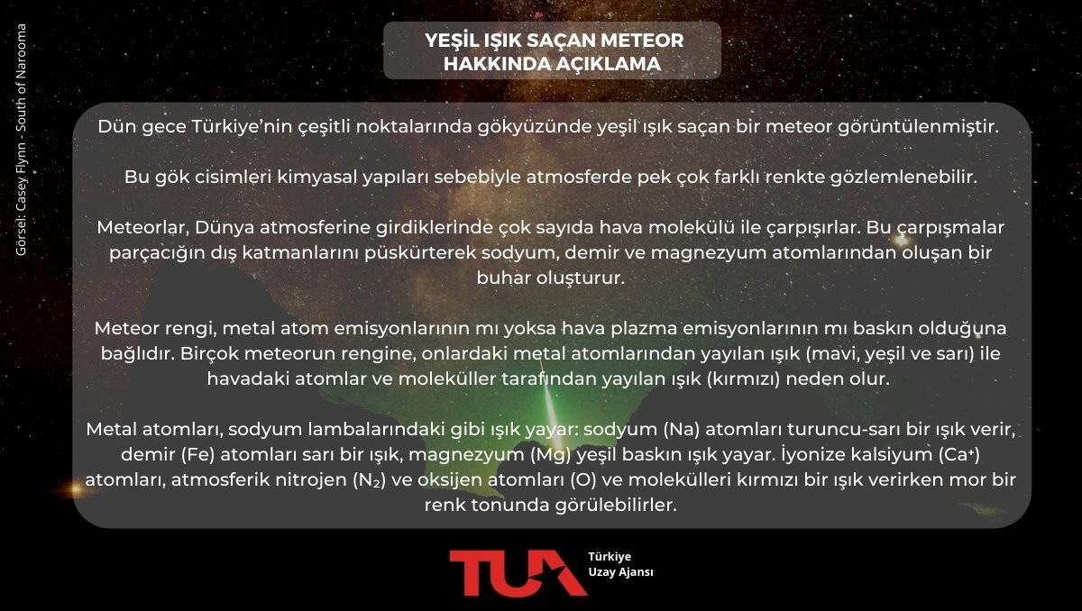 Türkiye Uzay Ajansı\'ndan "yeşil ışık saçan meteor" açıklaması