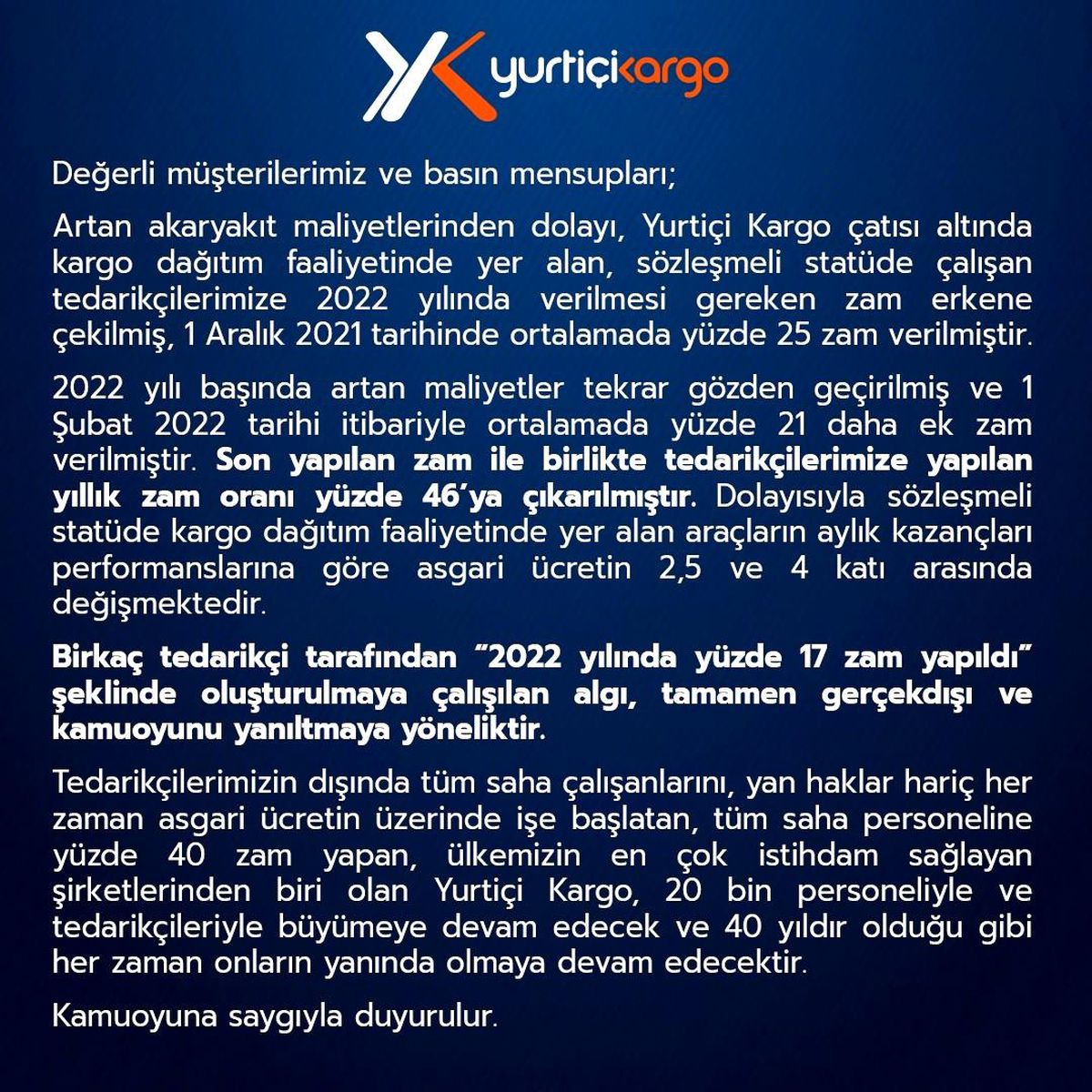 Yurtiçi Kargo\'dan "2022\'de personele yüzde 17 zam yapıldı" iddialarına ilişkin açıklama Açıklaması