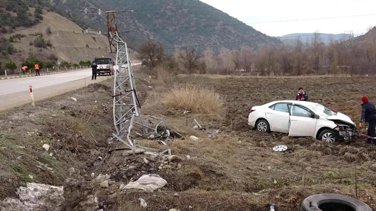 Yoldan çıkan otomobil elektrik direğine çarparak tarlaya uçtu