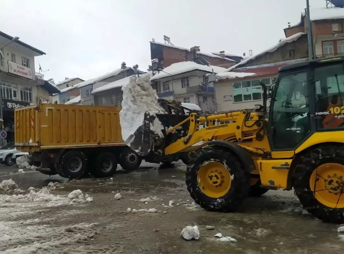 İlçe merkezindeki karlar kamyonlarla taşınıyor