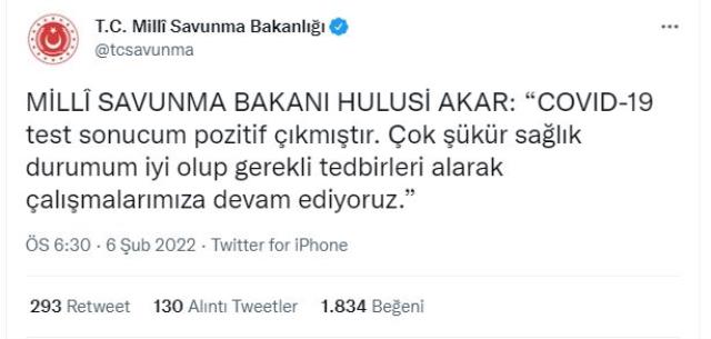 Son Dakika: Milli Savunma Bakanı Hulusi Akar koronavirüse yakalandı