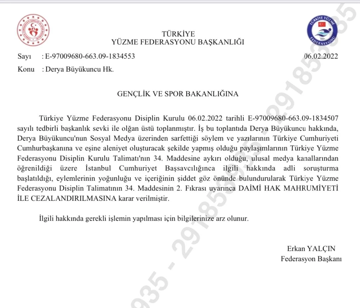 Türkiye Yüzme Federasyonu\'ndan, Derya Büyükuncu\'ya daimi hak mahrumiyeti