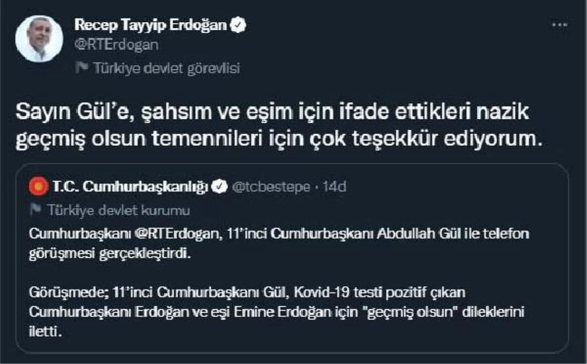 Abdullah Gül\'den Cumhurbaşkanı Erdoğan\'a \'geçmiş olsun\' telefonu
