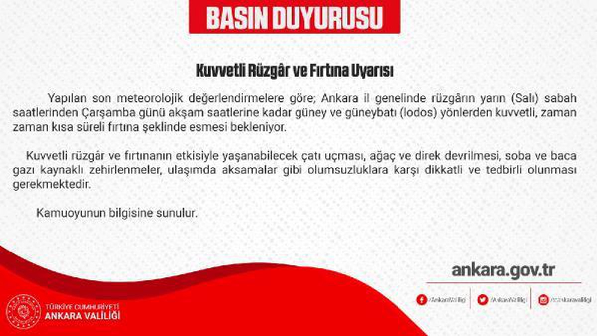 Ankara Valiliği\'nden kuvvetli rüzgar ve fırtına uyarısı