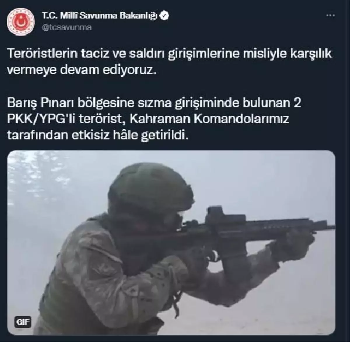 Barış Pınarı bölgesine sızma girişiminde bulunan 2 PKK/YPG\'li terörist etkisiz hale getirildi