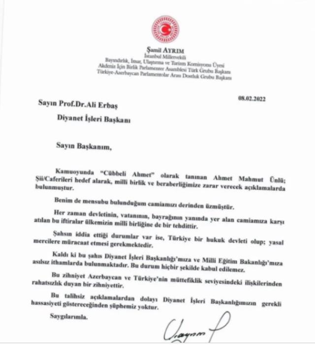 AK Partili vekilden Cübbeli Ahmet hamlesi! 'Milli birliğimizi bozan açıklamalar yapıyor' diyerek Diyanet İşleri Başkanı'na şikayet etti