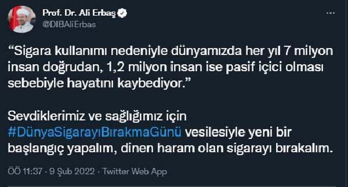 Diyanet İşleri Başkanı Erbaş\'tan \'sigarayı bırakma\' çağrısı