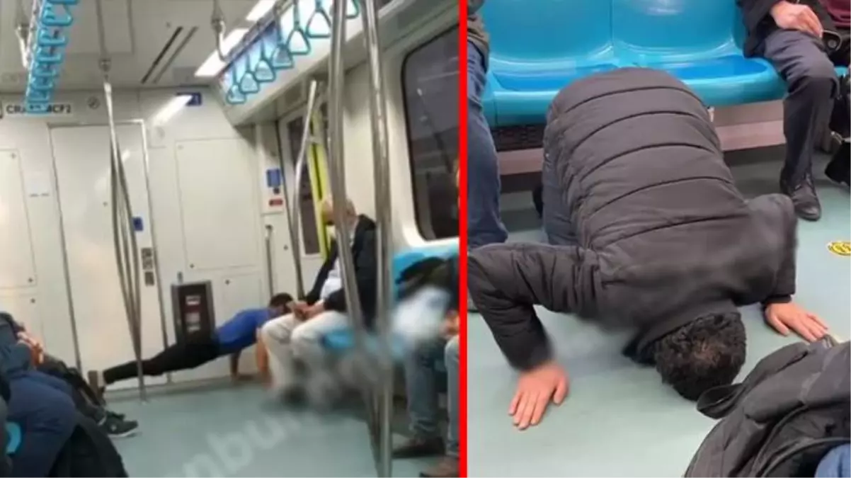 Marmaray\'da arka arkaya anlam verilemeyen görüntüler! Biri şınav çekti, diğeri yere kapanıp kalkmadı