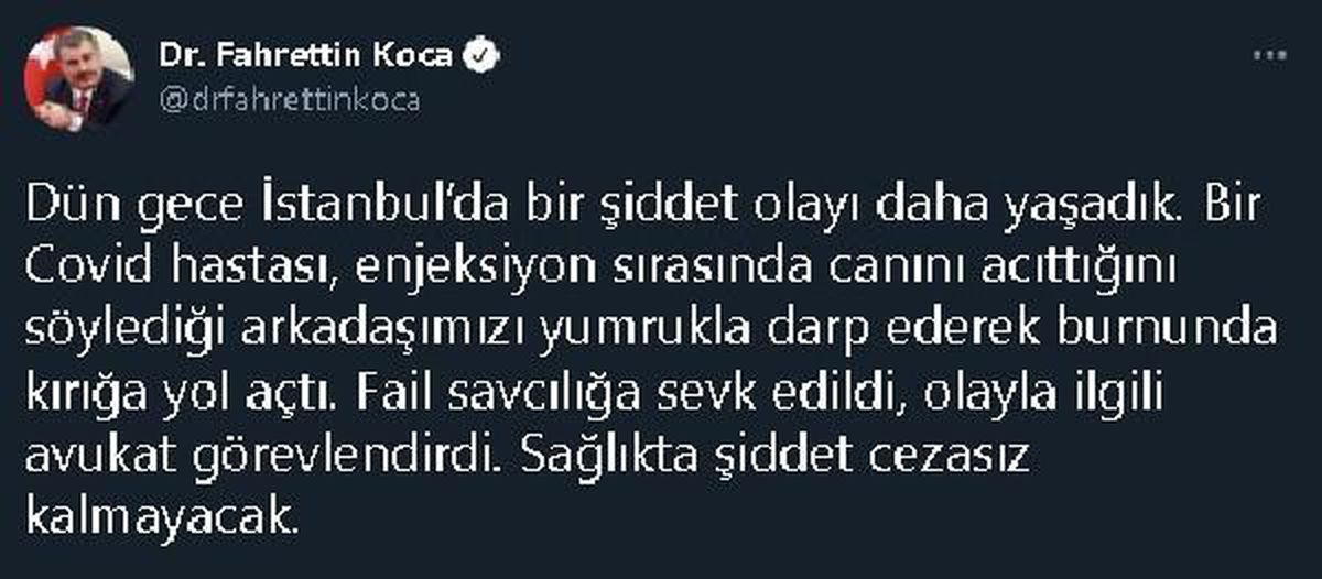 Bakan Koca: Kovid hastası, canını acıttığı gerekçesiyle sağlık çalışanının burnunu kırdı