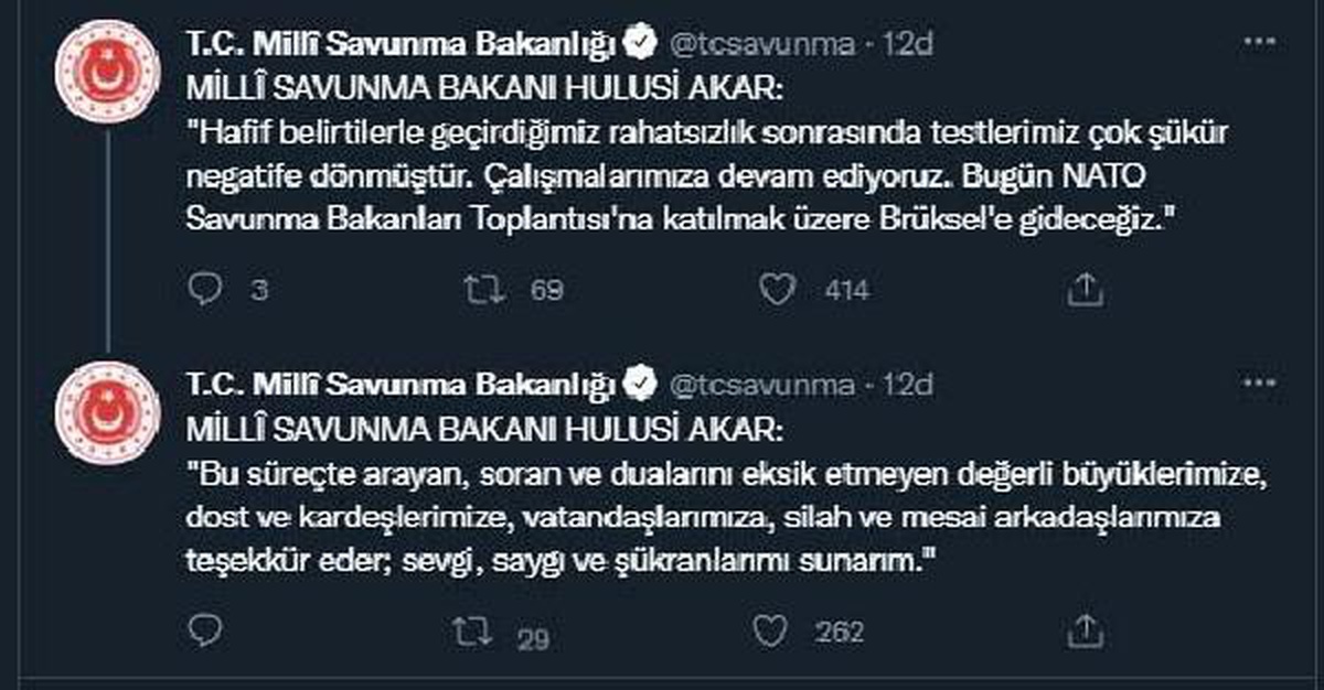 Bakan Akar\'ın test sonucu negatife döndü