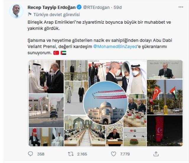 Cumhurbaşkanı Erdoğan'dan Abu Dabi Veliaht Prensi Bin Zayid'e teşekkür