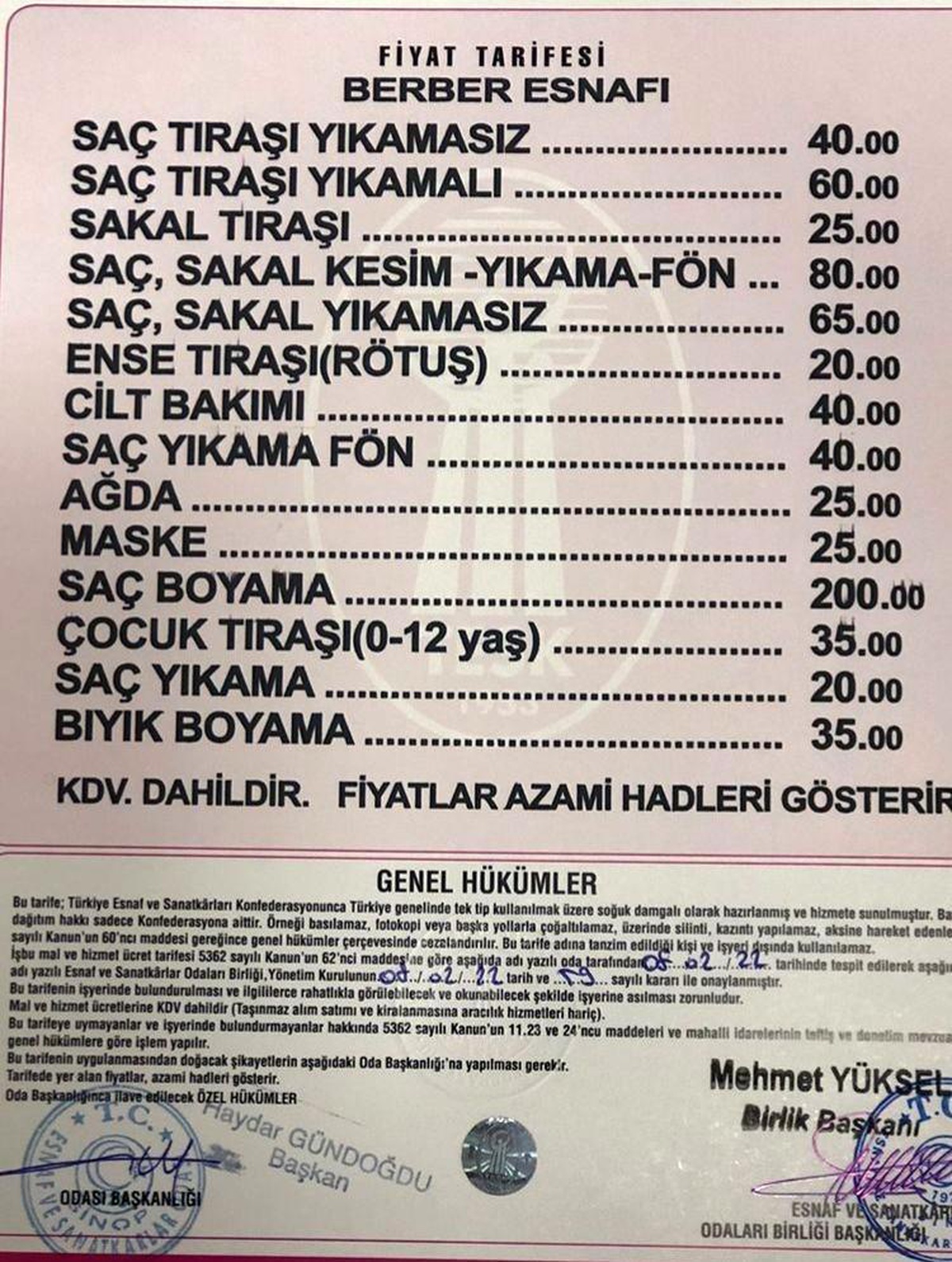 Sinop\'ta berber tarifesi yenilendi: Saç-sakal tıraşı 65-80 TL