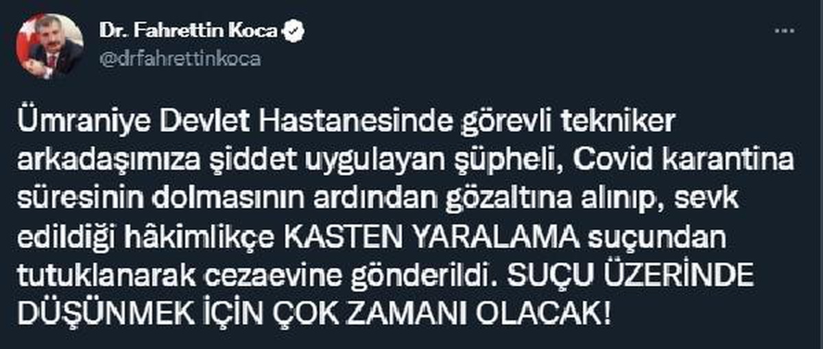 Son dakika! Bakan Koca: Tekniker arkadaşımıza şiddet uygulayan şüpheli tutuklandı
