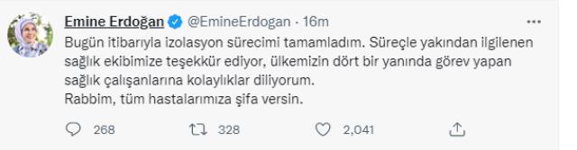 Koronaya yakalanan Emine Erdoğan: Bugün itibarıyla izolasyon sürecimi tamamladım