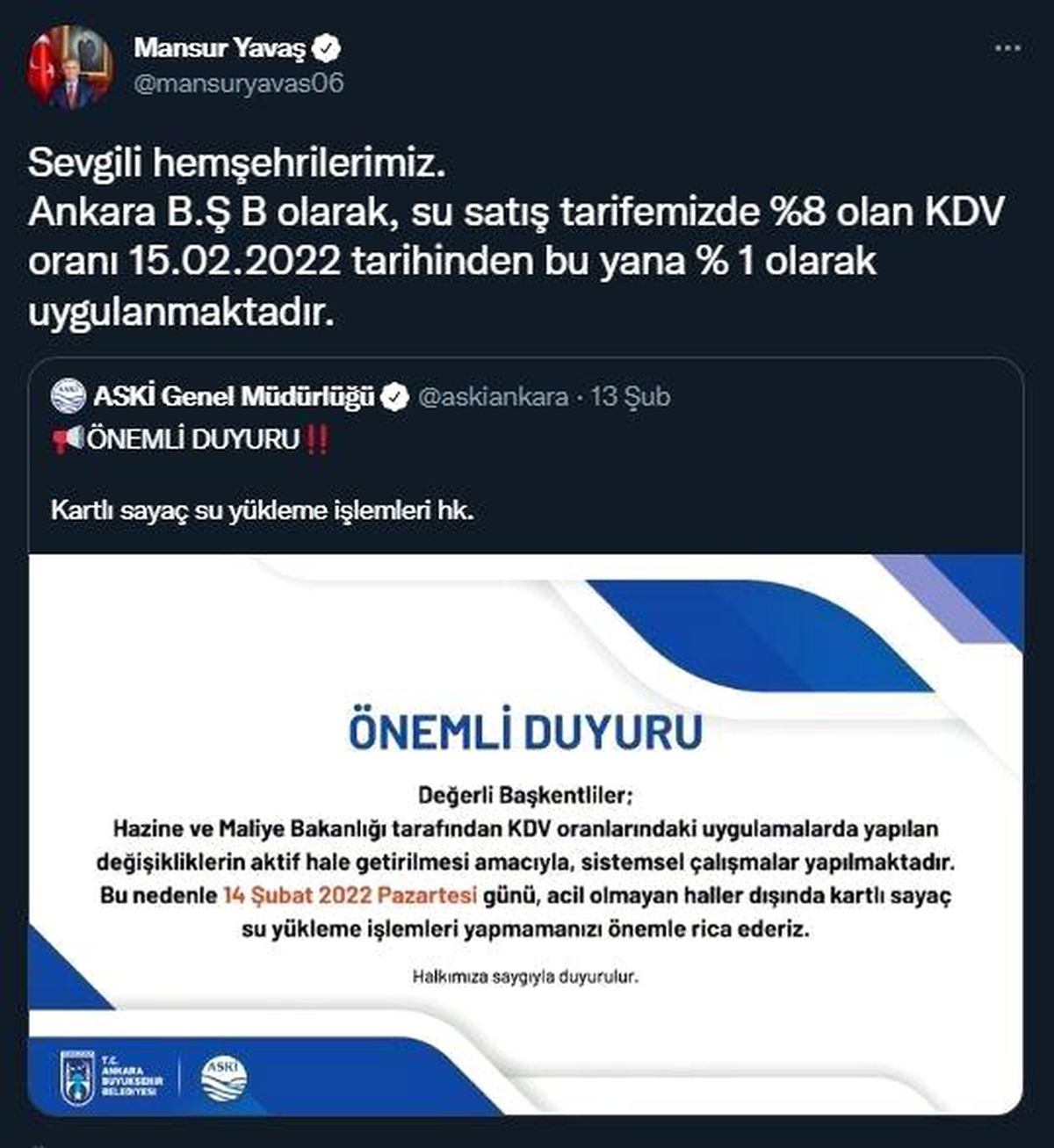Ankara\'da su faturalarında KDV indirimi uygulaması 3 gün önce başladı