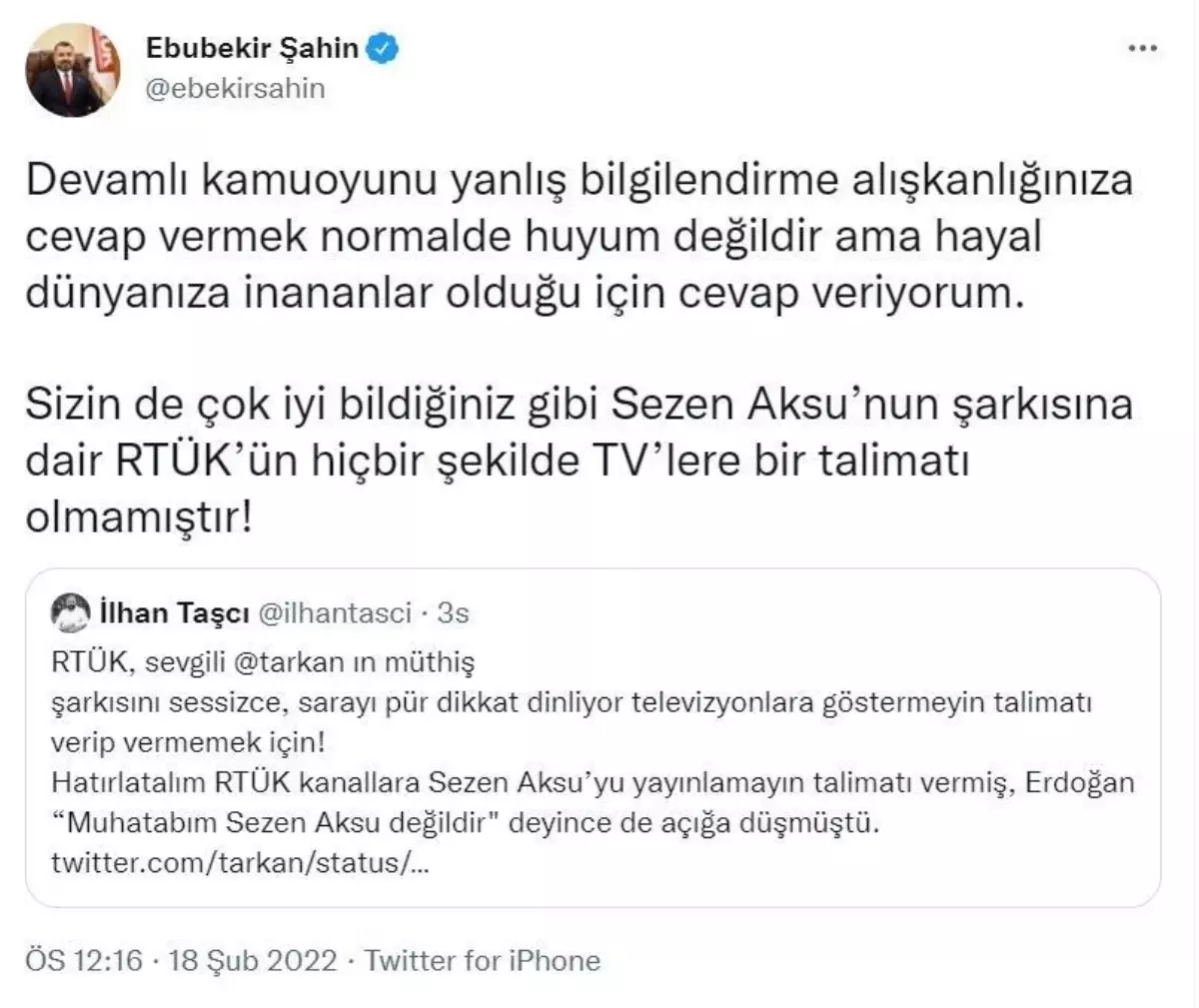 "Sezen Aksu\'nun şarkısına dair RTÜK\'ün hiçbir şekilde TV\'lere bir talimatı olmamıştır"