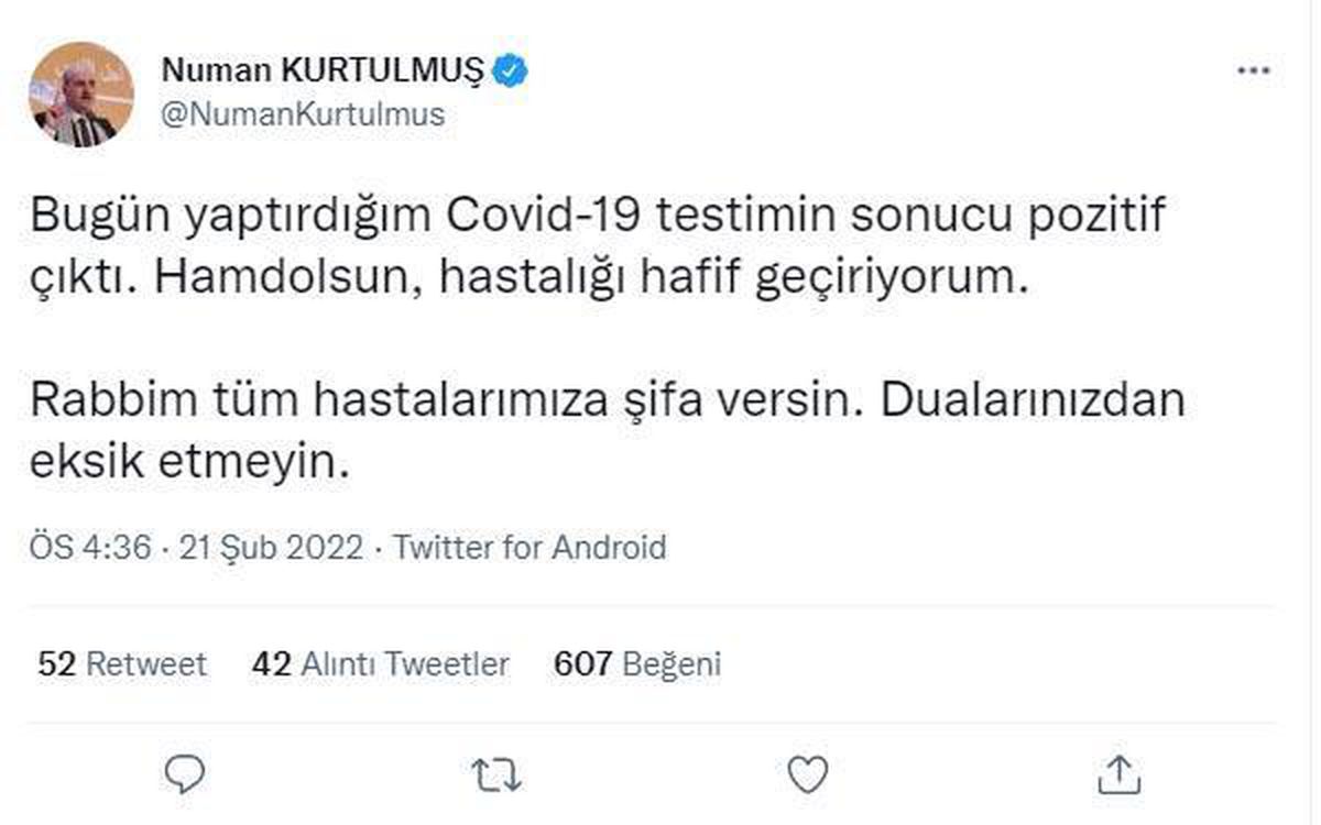 AK Parti\'li Kurtulmuş: Covid-19 testimin sonucu pozitif çıktı