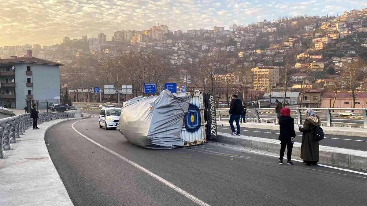 Bariyerlere çarpan kamyonet yan yattı