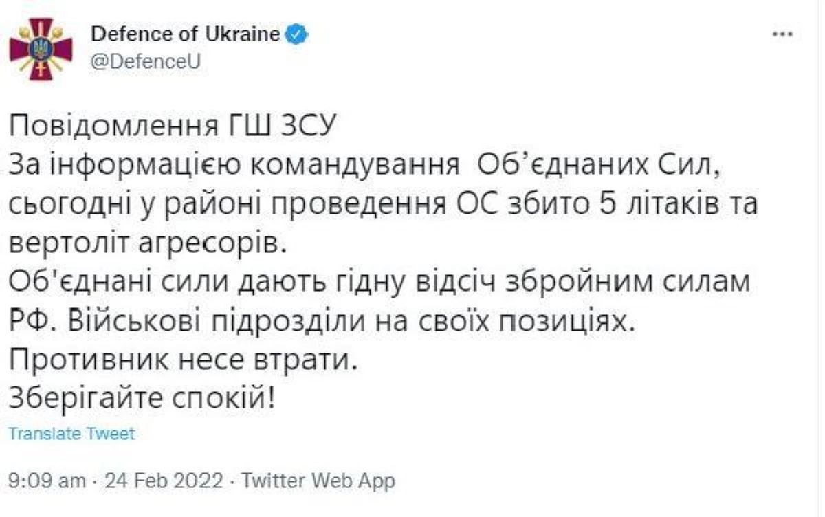 Ukrayna Savunma Bakanlığı: Ruslara ait 5 uçak ve bir helikopter düşürüldü