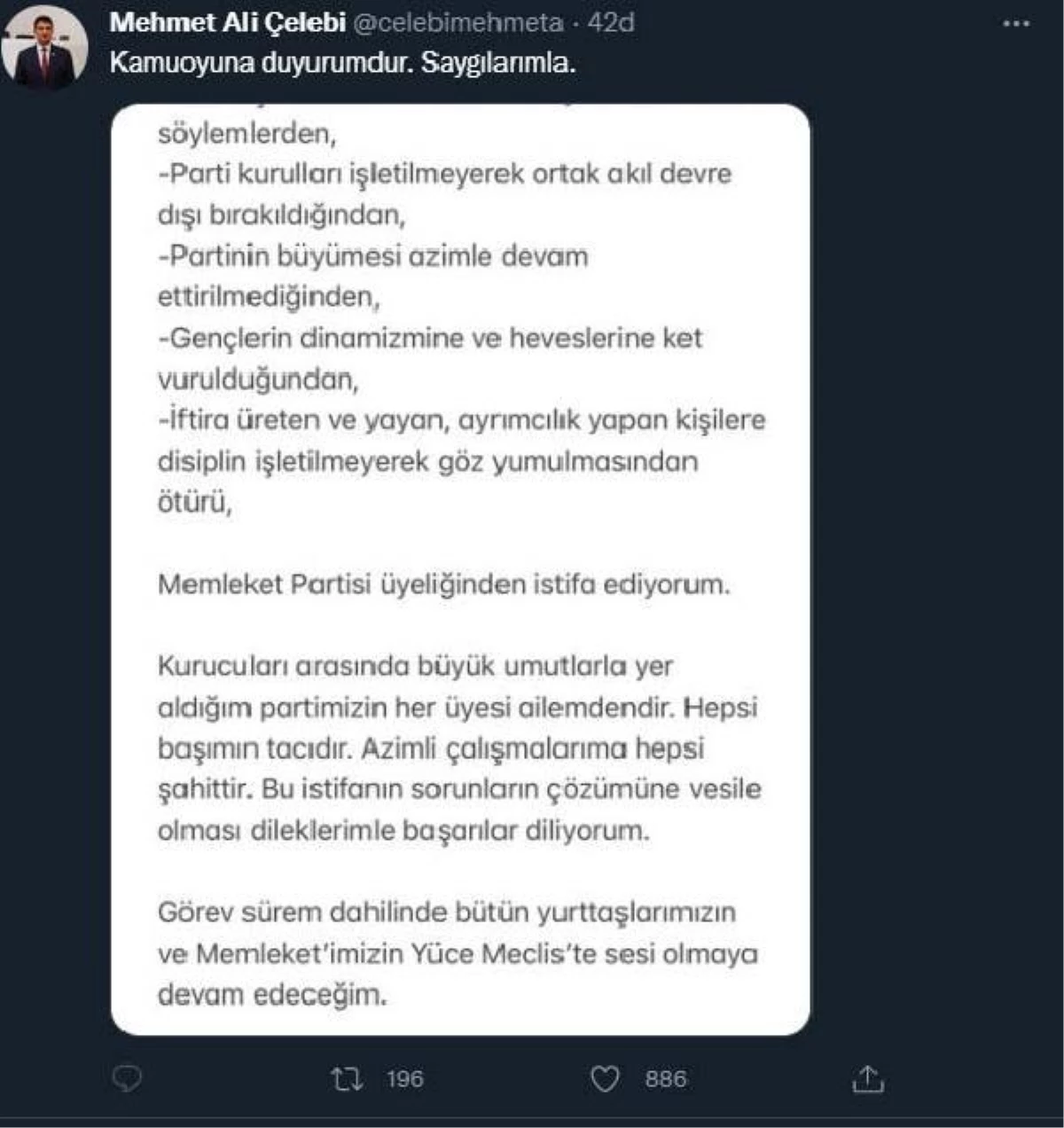 Memleket Partili Mehmet Ali Çelebi, partisinden istifa etti