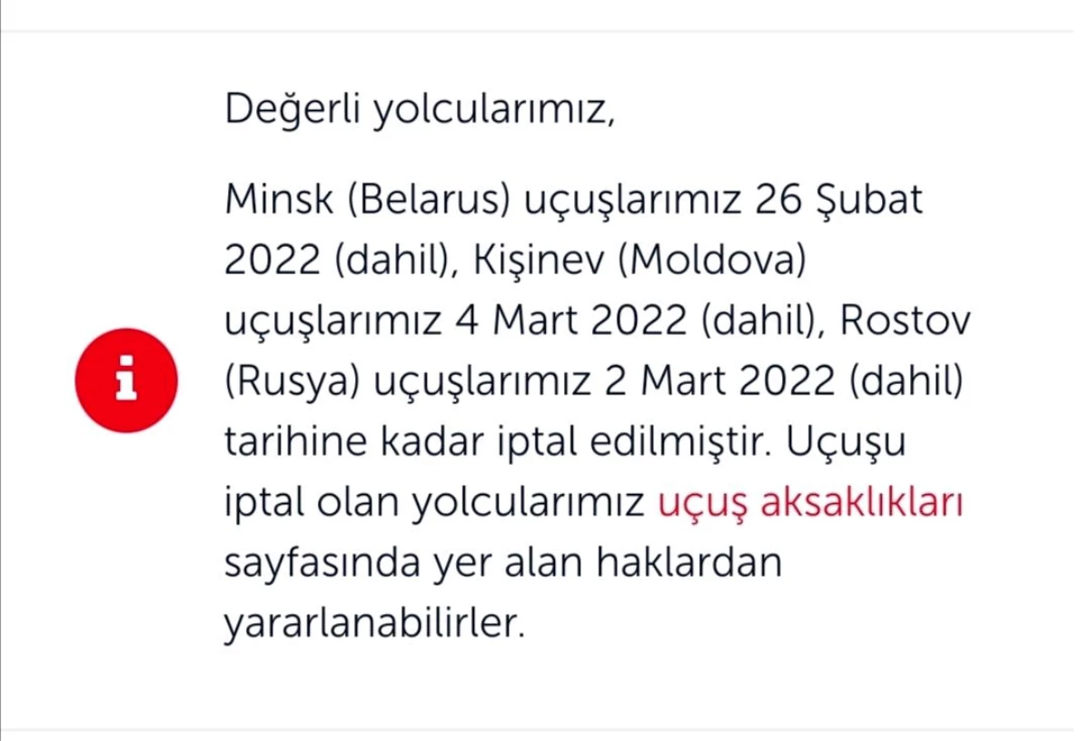 THY\'nin Rostov, Minsk ve Kişinev seferleri iptal edildi