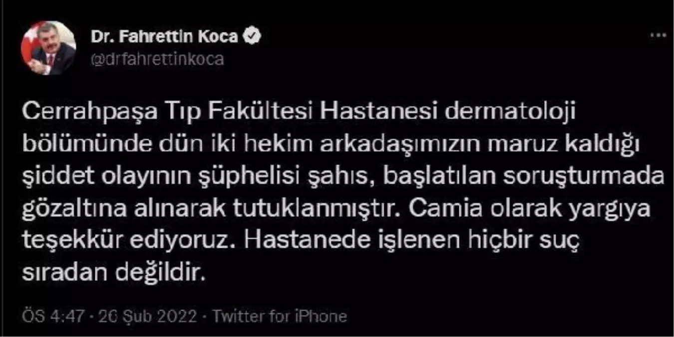 Sağlık Bakanı Koca: "Hastanede işlenen hiçbir suç sıradan değildir"