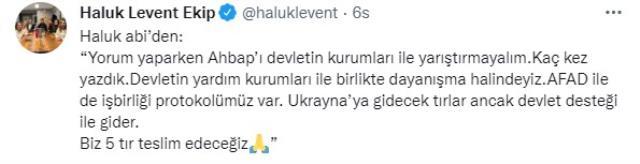 Haluk Levent, Ahbap derneği aracılığıyla savaşla mücadele eden Ukrayna'ya 5 yardım tırı gönderecek