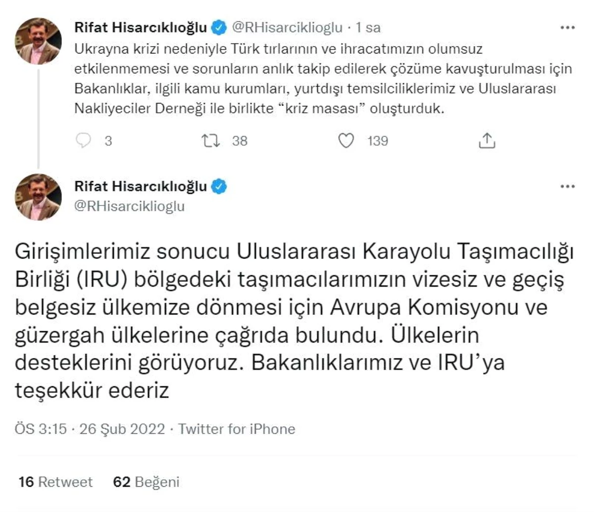 Hisacıklıoğlu: "Türk tırlarının olumsuz etkilenmemesi için kriz masası oluşturduk"
