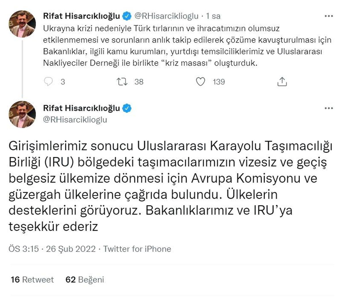 Hisacıklıoğlu: "Türk tırlarının olumsuz etkilenmemesi için kriz masası oluşturduk"